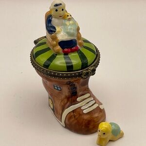 Vintage, “Old Woman Who Lived In A Shoe”, Hinged Trinket Box with Miniature Baby